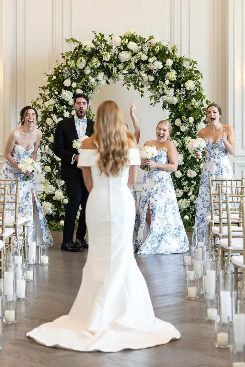 Strapless Blue Floral Bridesmaid Dress Printed Sleeveless with Slit Mychicdress