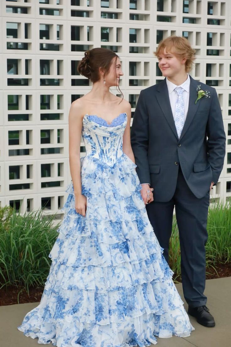 Strapless Blue Floral Print Prom Dress Chiffon Long with Ruffle Skirt Mychicdress