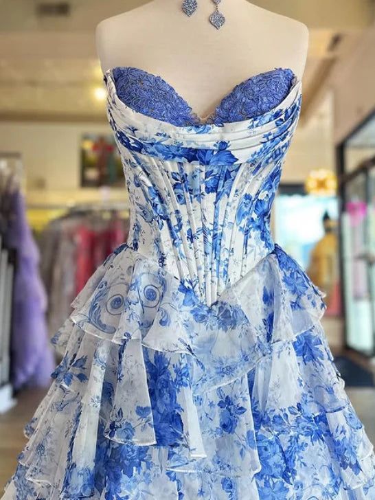 Strapless Blue Floral Print Prom Dress Chiffon Long with Ruffle Skirt Mychicdress