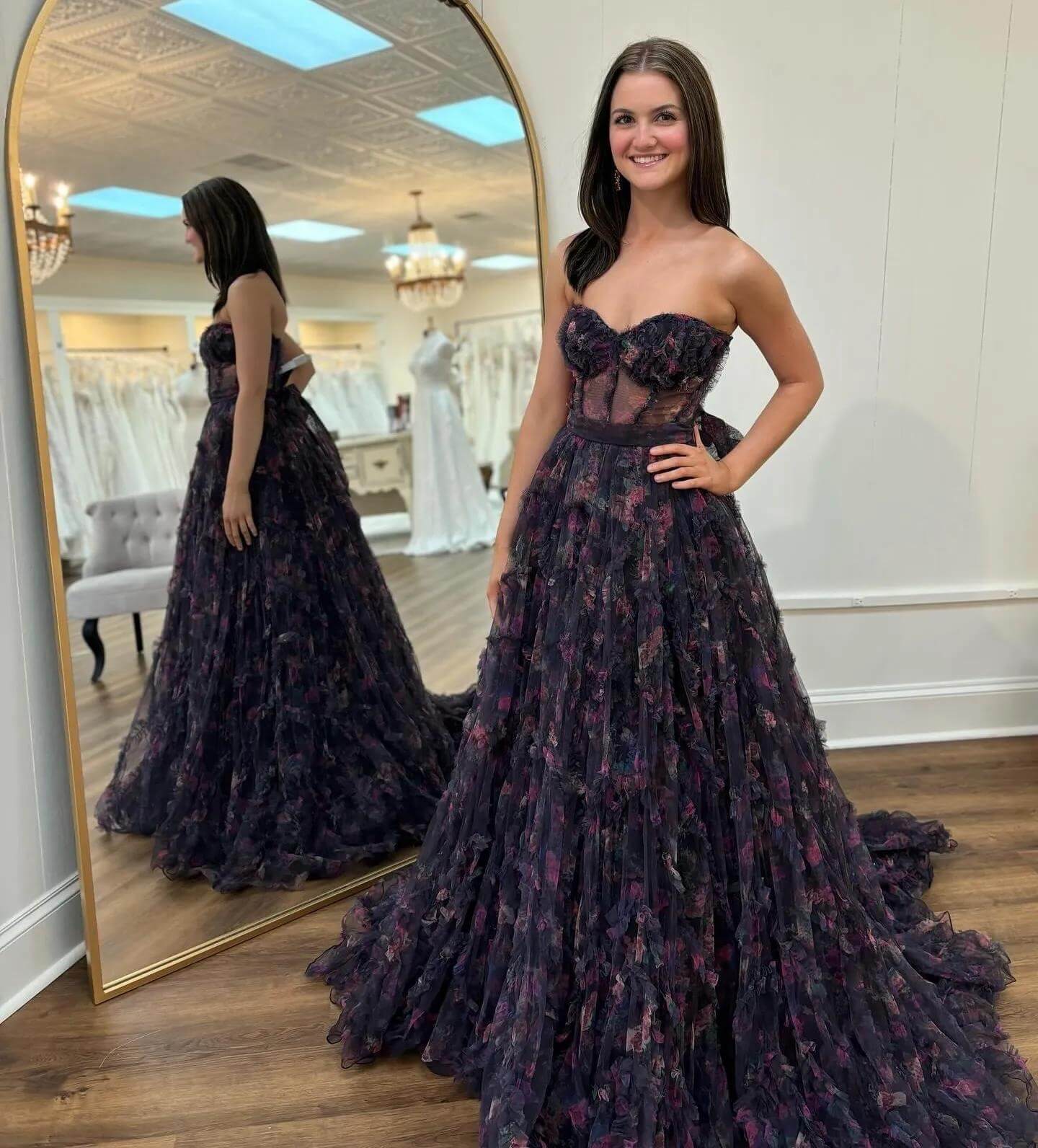 Strapless Corset Floral Print Prom Dresses Ruffle Sheer Evening Gown