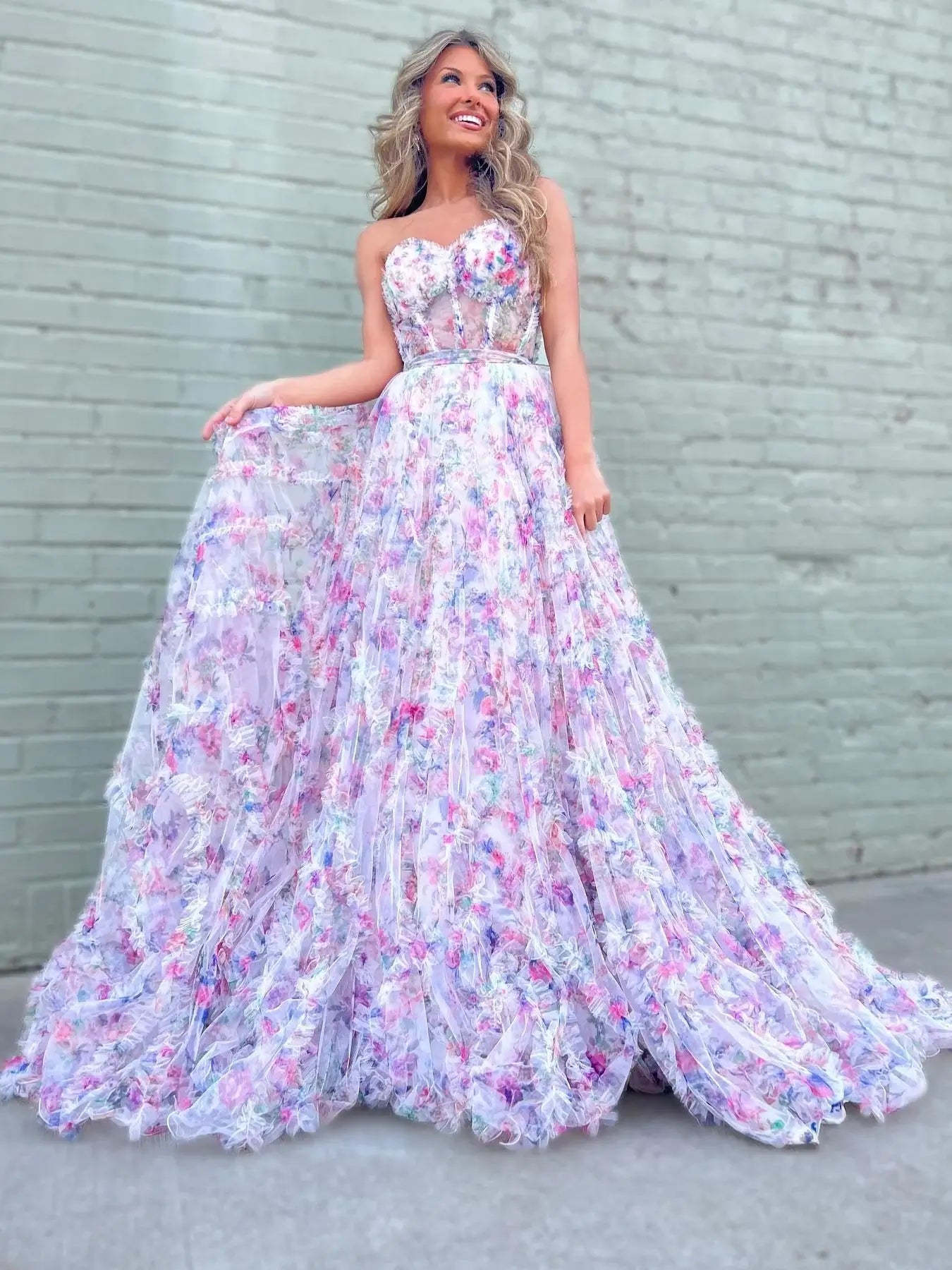 Strapless Corset Floral Print Prom Dresses Ruffle Sheer Evening Gown
