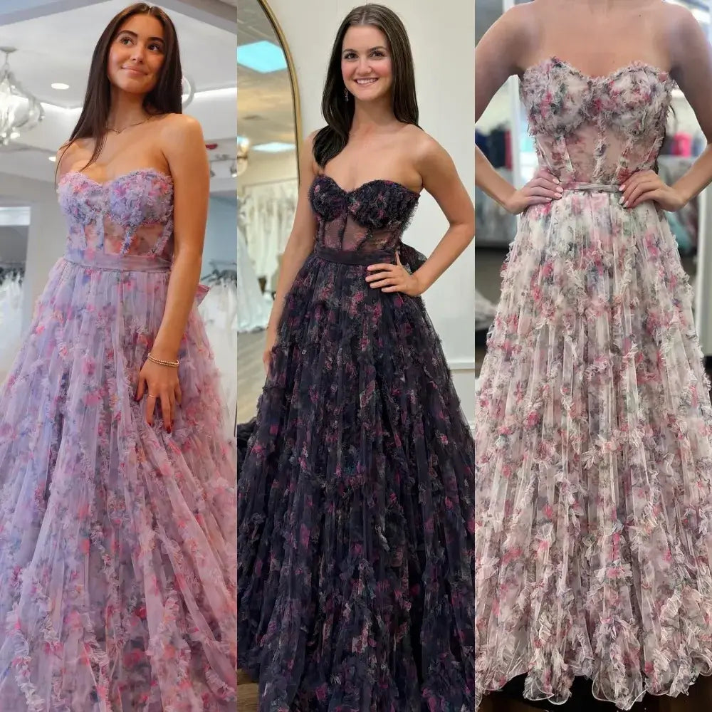 Strapless Corset Floral Print Prom Dresses Ruffle Sheer Evening Gown