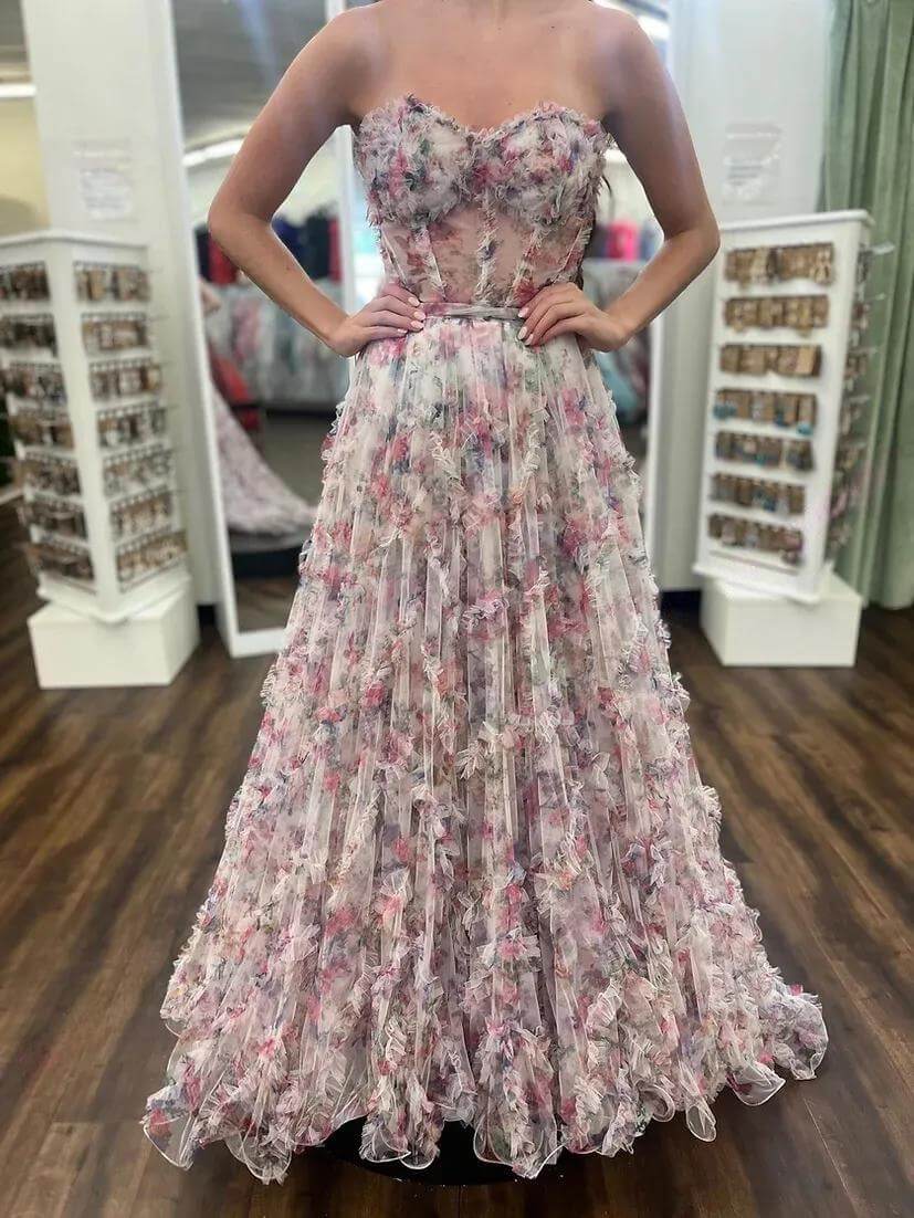 Strapless Corset Floral Print Prom Dresses Ruffle Sheer Evening Gown
