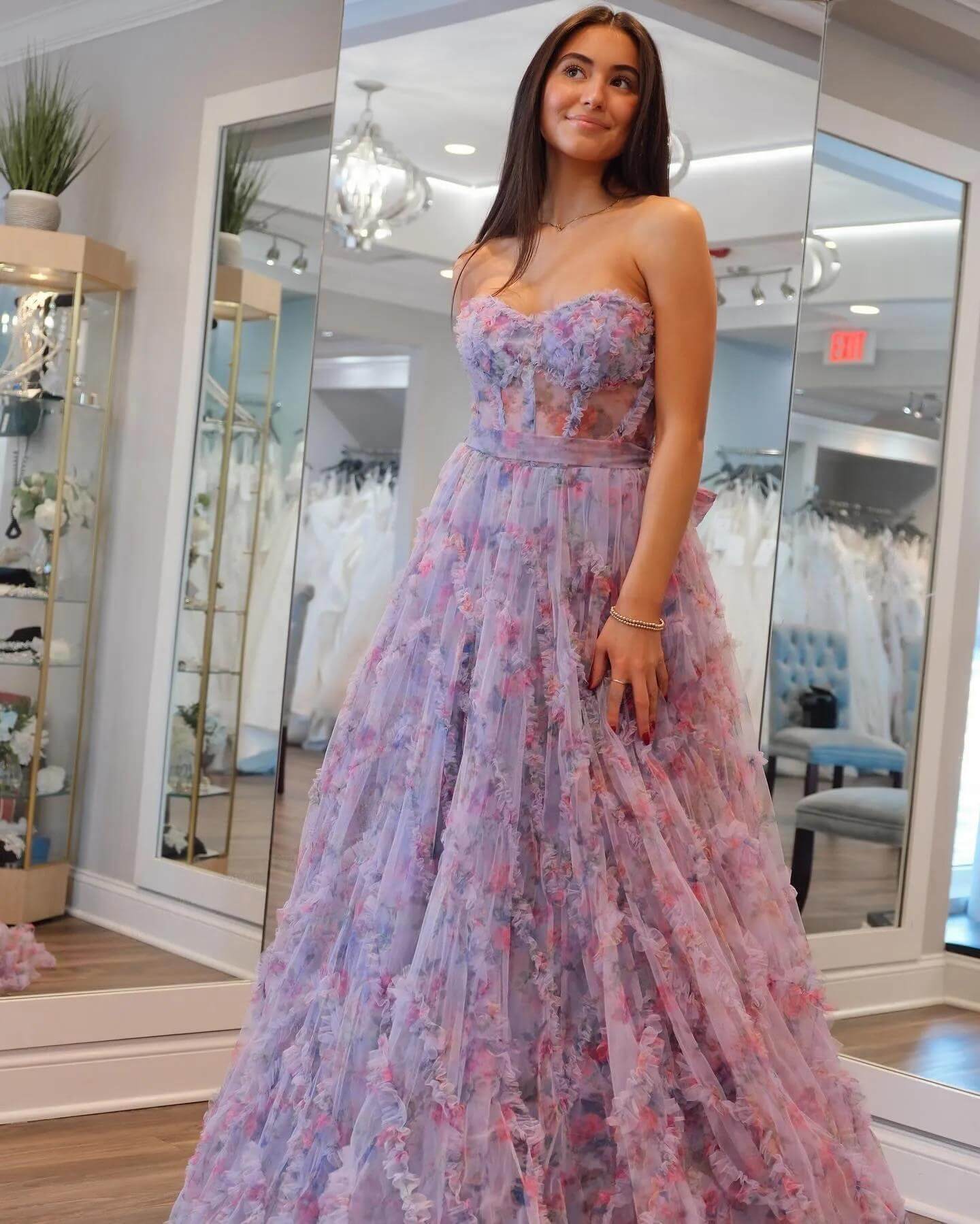 Strapless Corset Floral Print Prom Dresses Ruffle Sheer Evening Gown