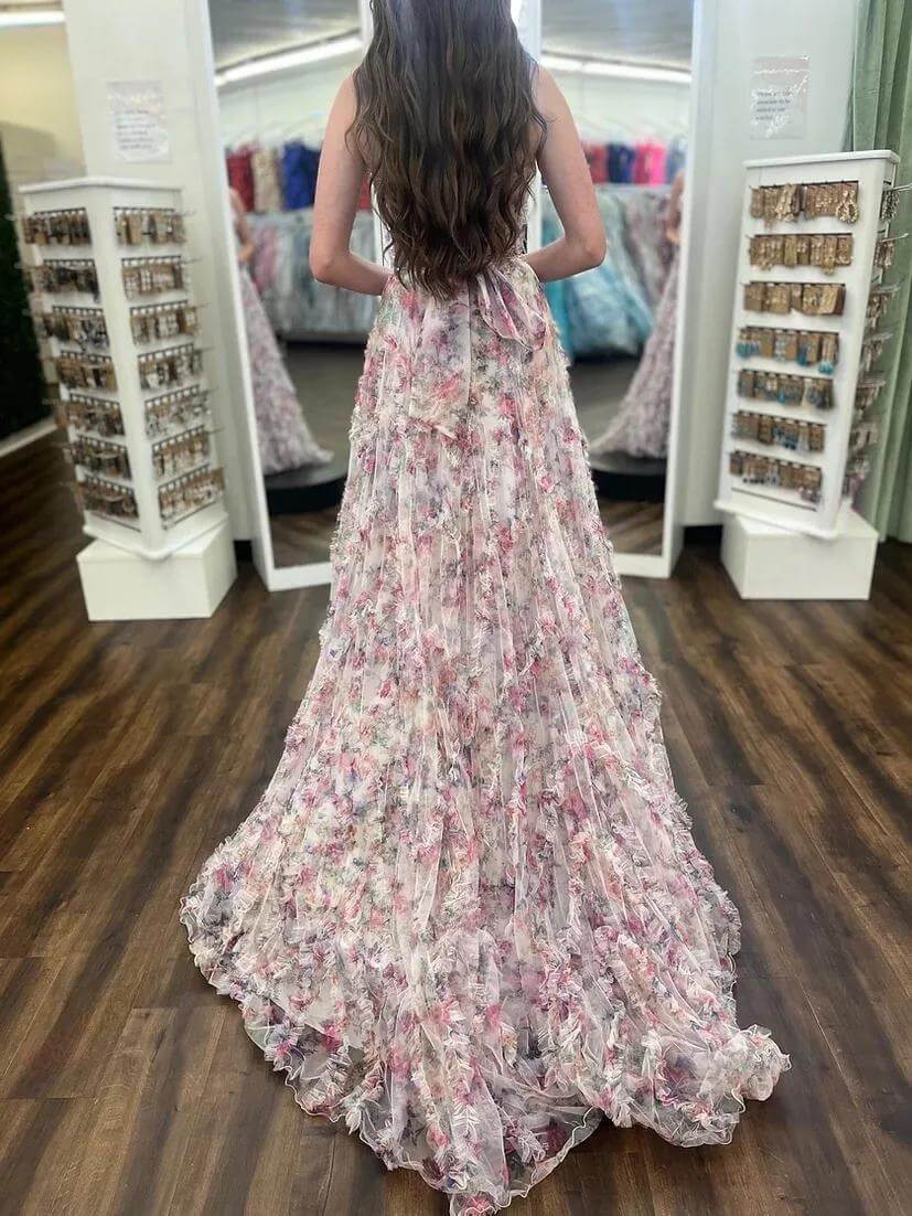 Strapless Corset Floral Print Prom Dresses Ruffle Sheer Evening Gown