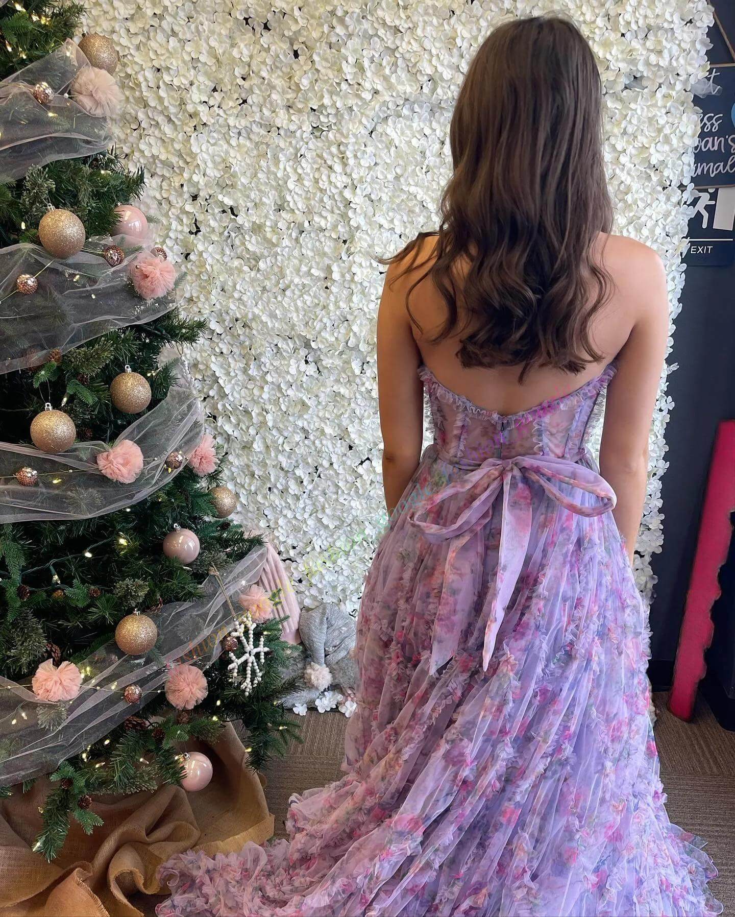 Strapless Corset Floral Print Prom Dresses Ruffle Sheer Evening Gown