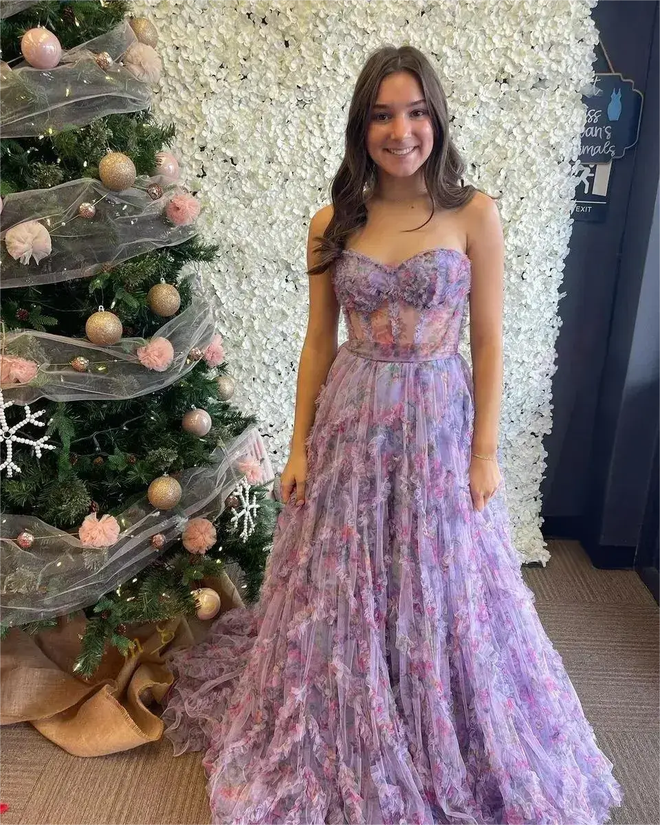 Strapless Corset Floral Print Prom Dresses Ruffle Sheer Evening Gown