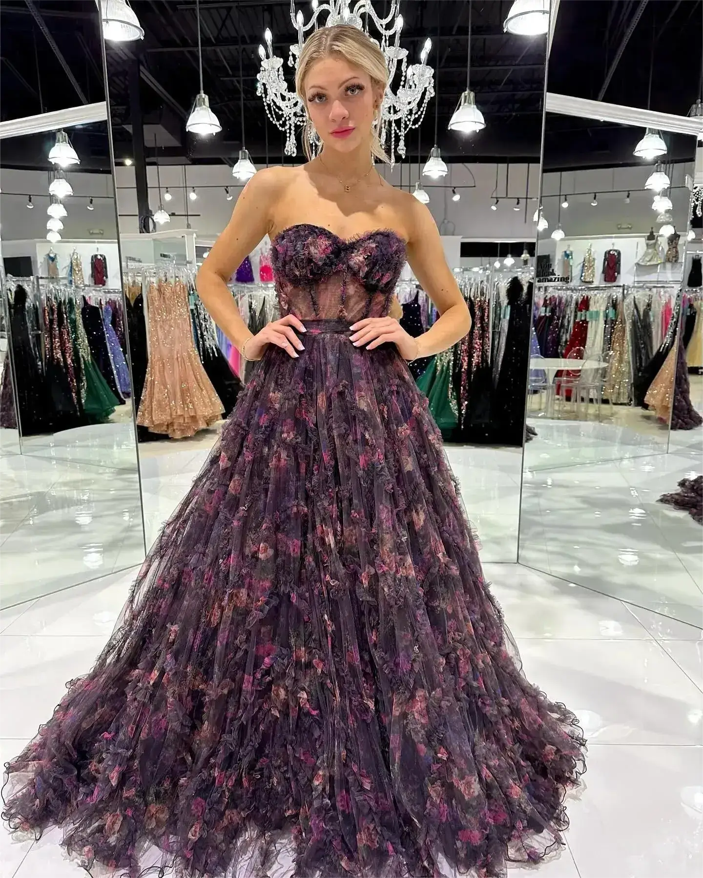 Strapless Corset Floral Print Prom Dresses Ruffle Sheer Evening Gown