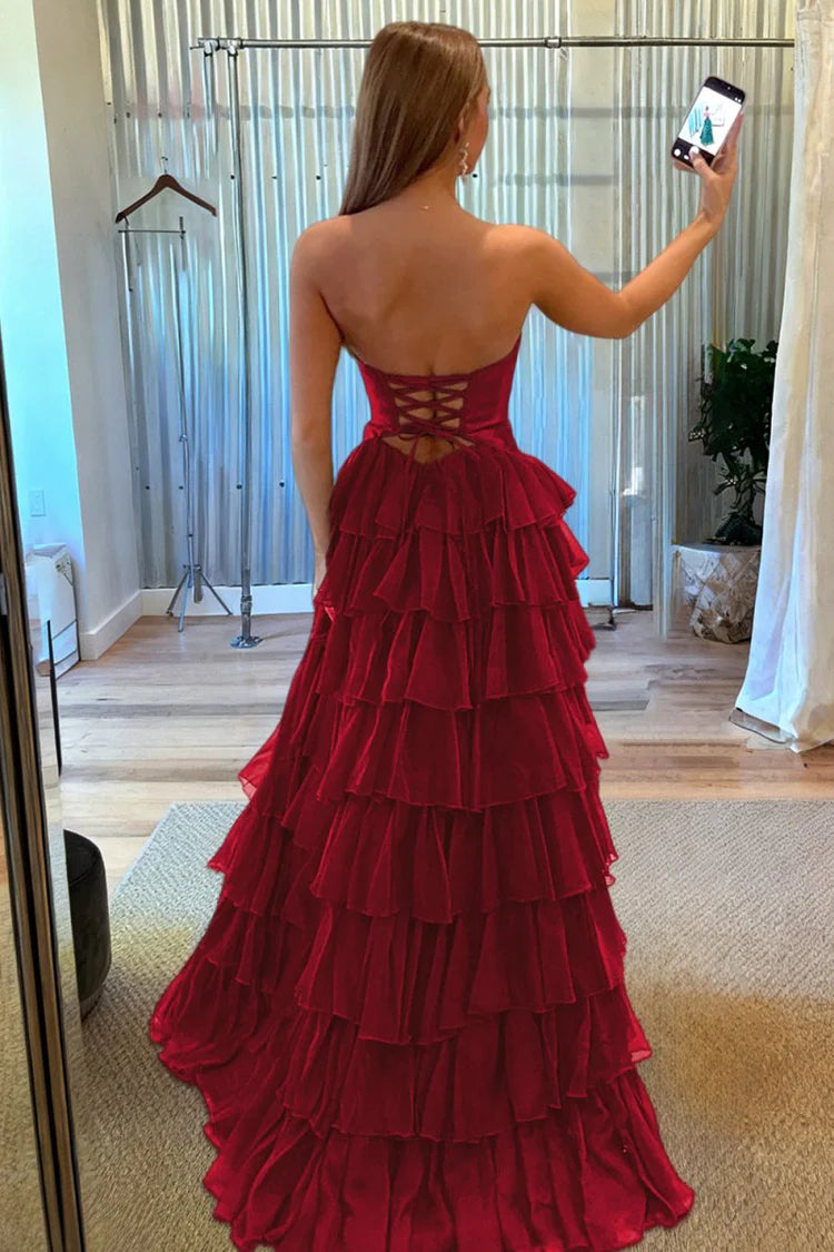 2026 Strapless red Prom Dresses Ruffled Chiffon With Cutout