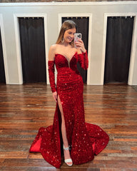 Strapless Deep V-Neck Velvet Sequin Prom Dress 2025 with sleeves High Slit