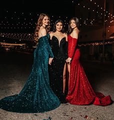 Strapless Deep V-Neck Velvet Sequin Prom Dress 2025 with sleeves High Slit