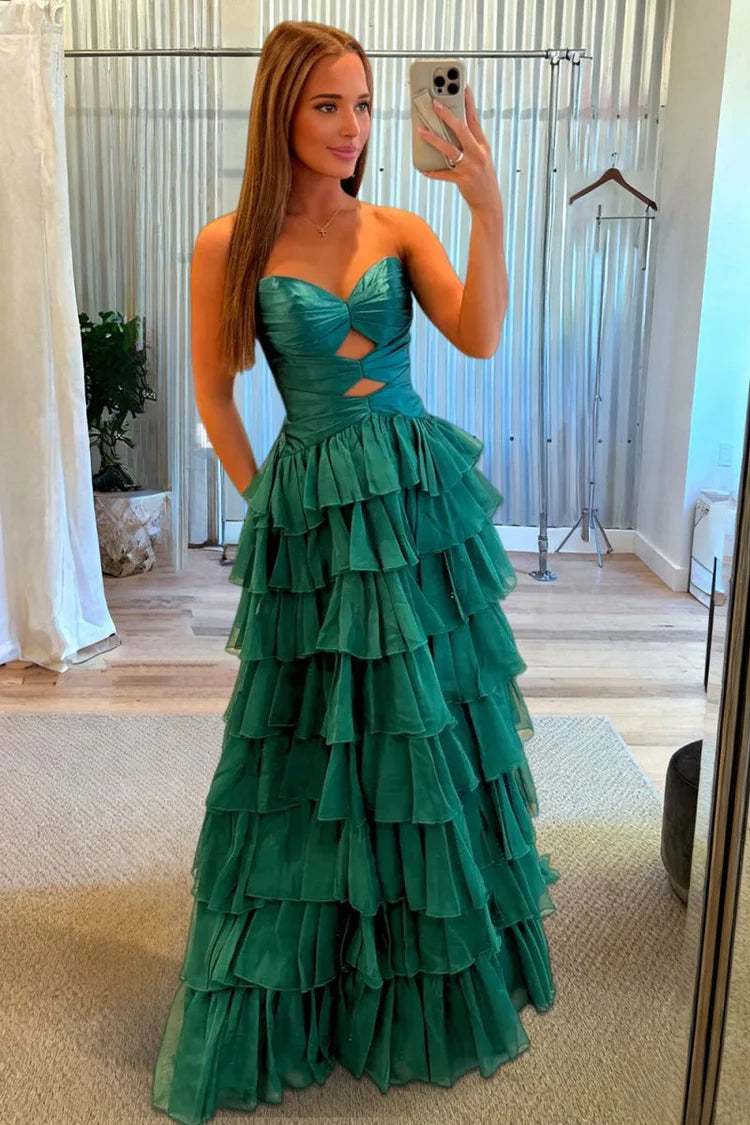 2026 Strapless Emerald Green Prom Dresses Ruffled Chiffon With Cutout