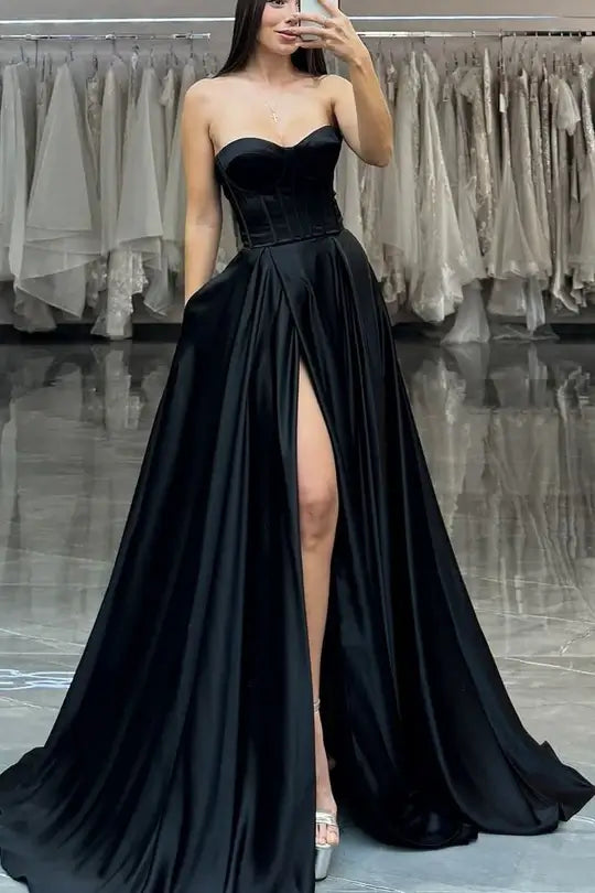 Strapless Empire-Waist Prom Dress Black Long Evening Dress Sleeveless