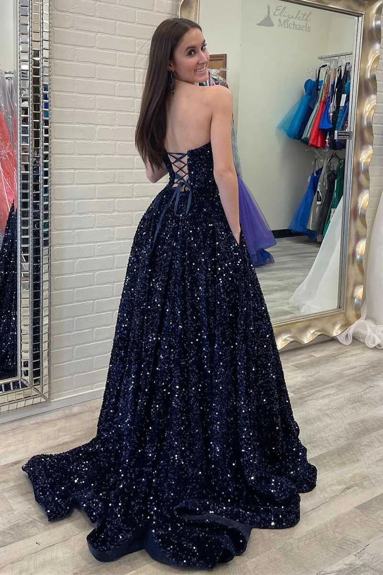 Strapless Glitter Navy Blue Prom Formal Dress A Line Long