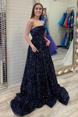 Strapless Glitter Navy Blue Prom Formal Dress A Line Long