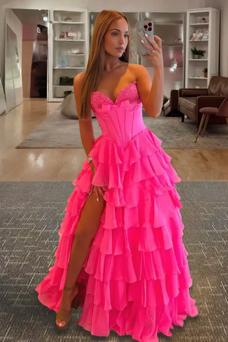 Strapless Hot Pink Ruffled Prom Dresses Chiffon A Line With Bow