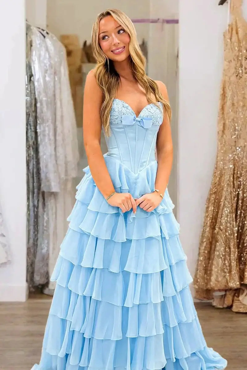 Strapless blue Ruffled Prom Dresses Chiffon A Line With Bow