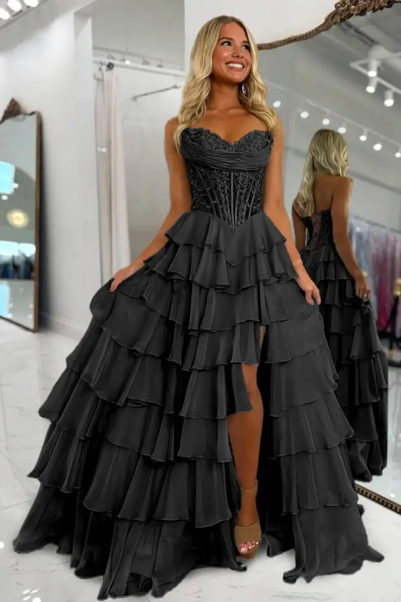 Strapless Lace Corset Ruffled black Prom Dresses A Line With Appliques