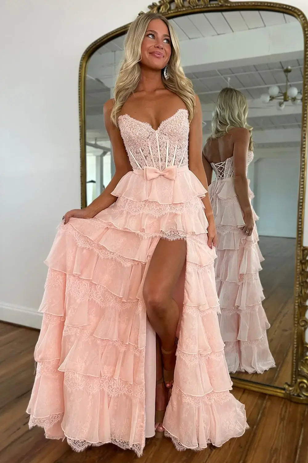 Strapless Lace Corset Ruffled Pink Prom Dresses A Line With Appliques