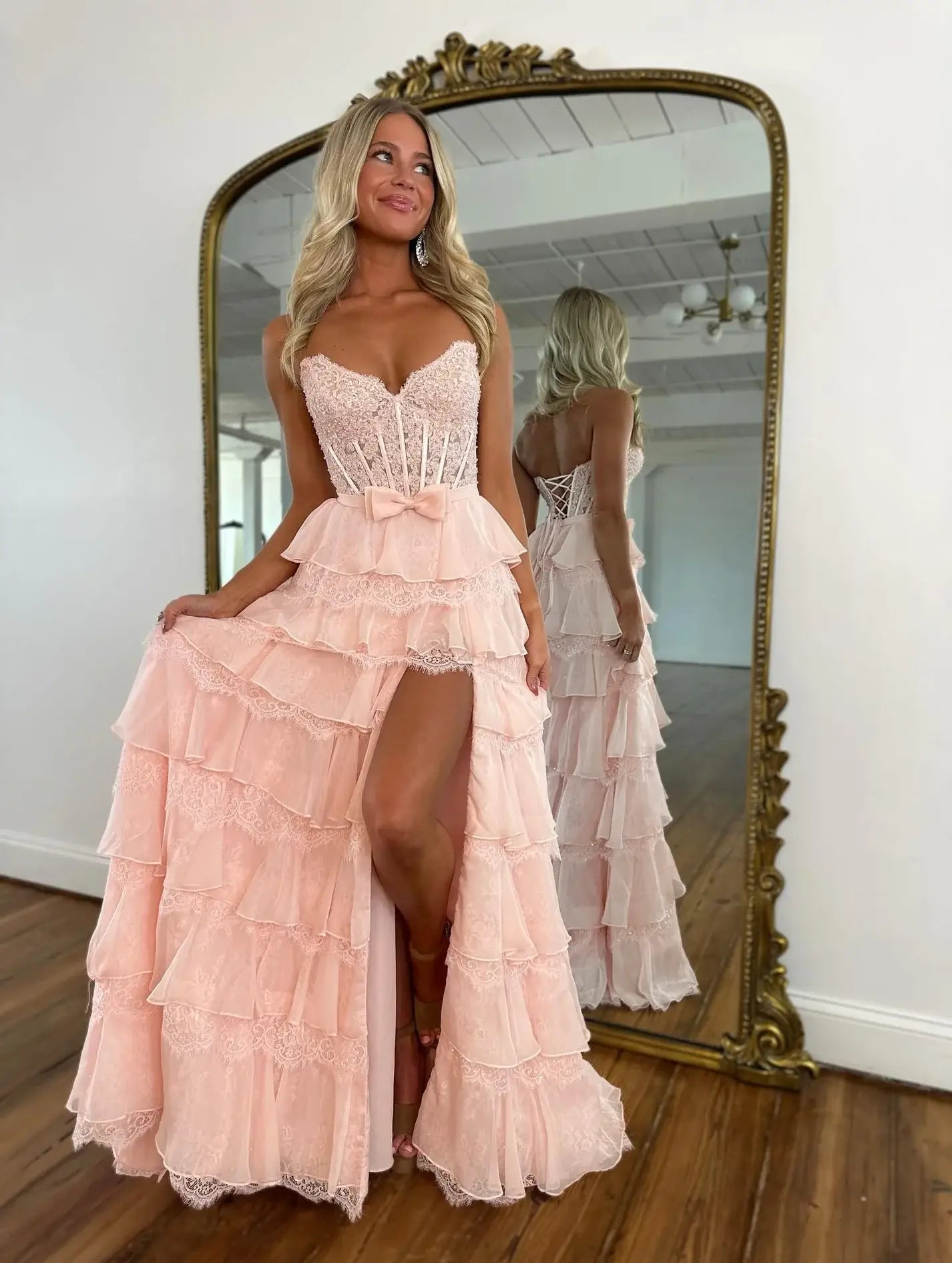 Strapless Lace Corset Ruffled Pink Prom Dresses A Line With Appliques