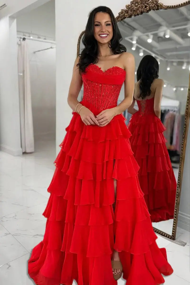 Strapless Lace Corset Ruffled Red Prom Dresses A Line With Appliques