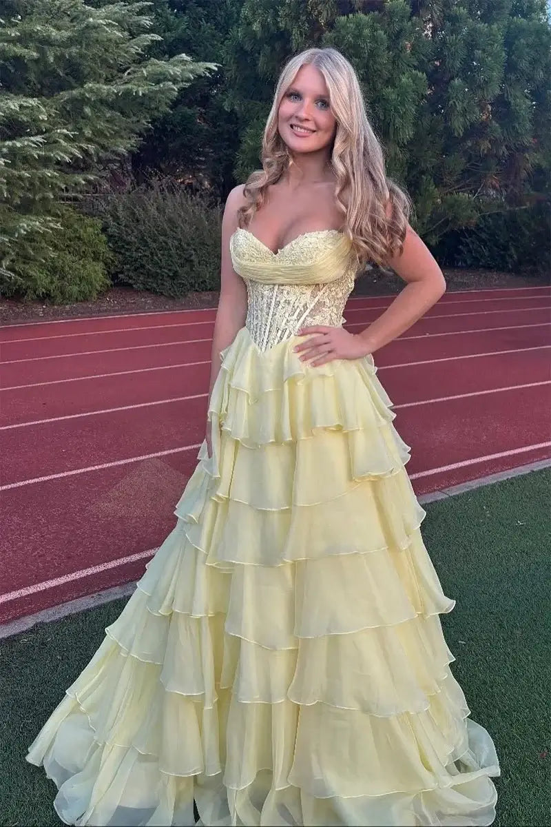 Strapless Lace Corset Ruffled Prom Dresses yellow With Appliques