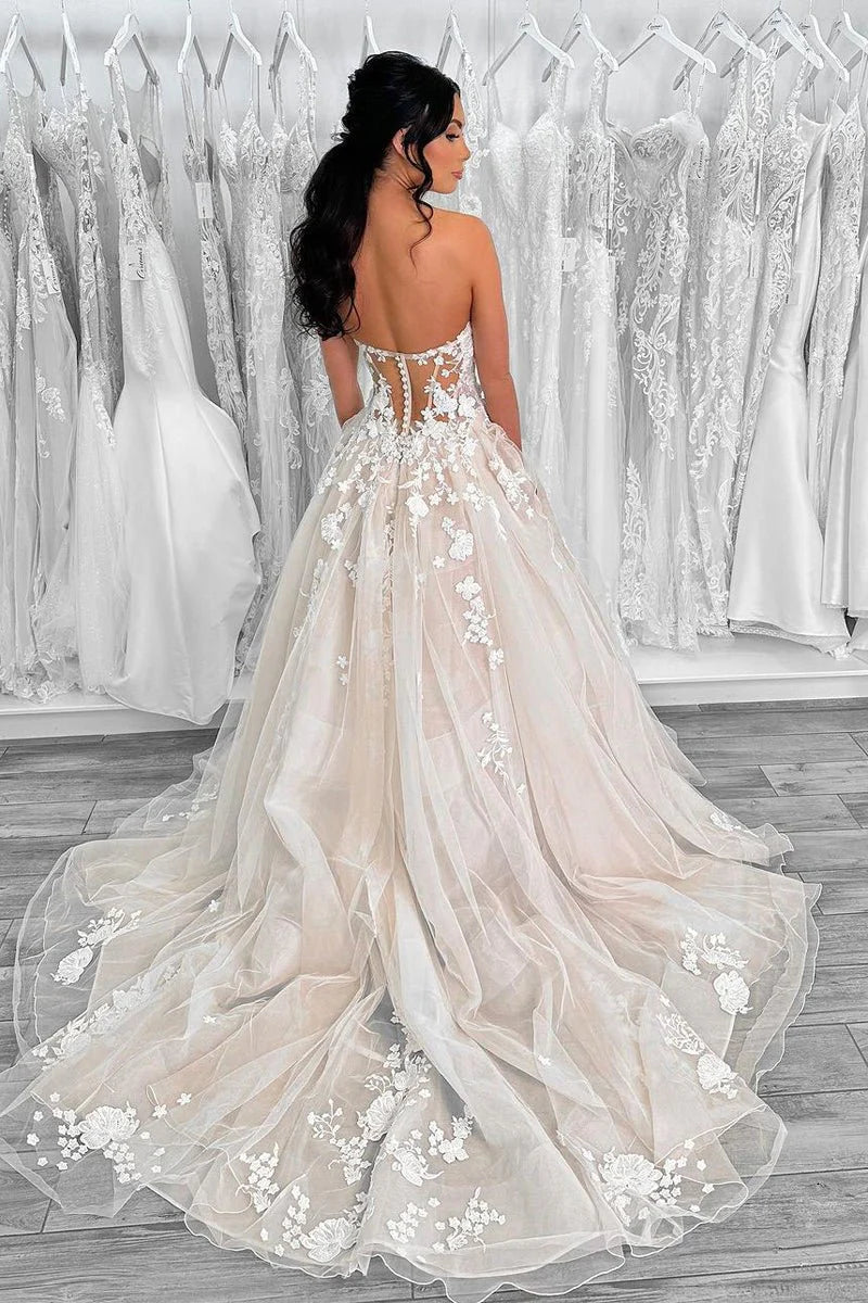 Strapless Lace Wedding Dresses Ball Gown with Appliques Sweetheart Mychicdress