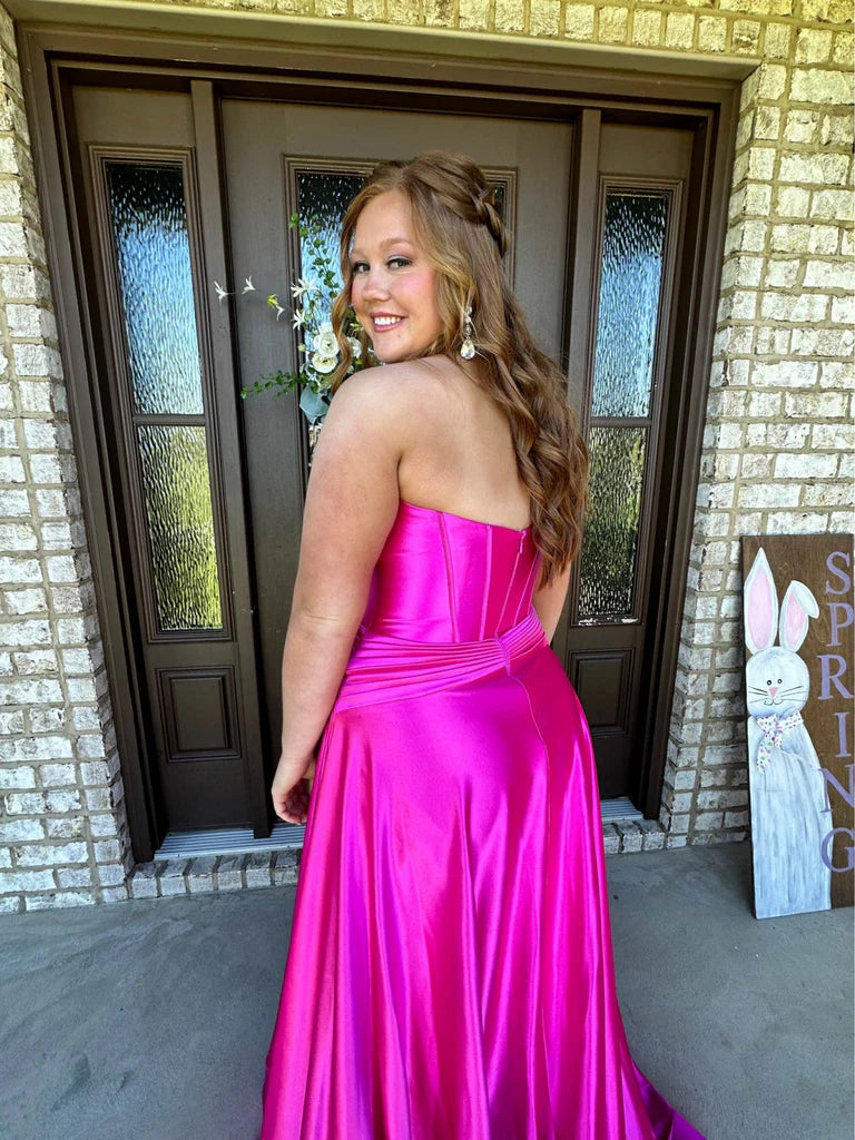 Strapless Magenta Plus Size Prom Dresses Satin Long with Train Mychicdress
