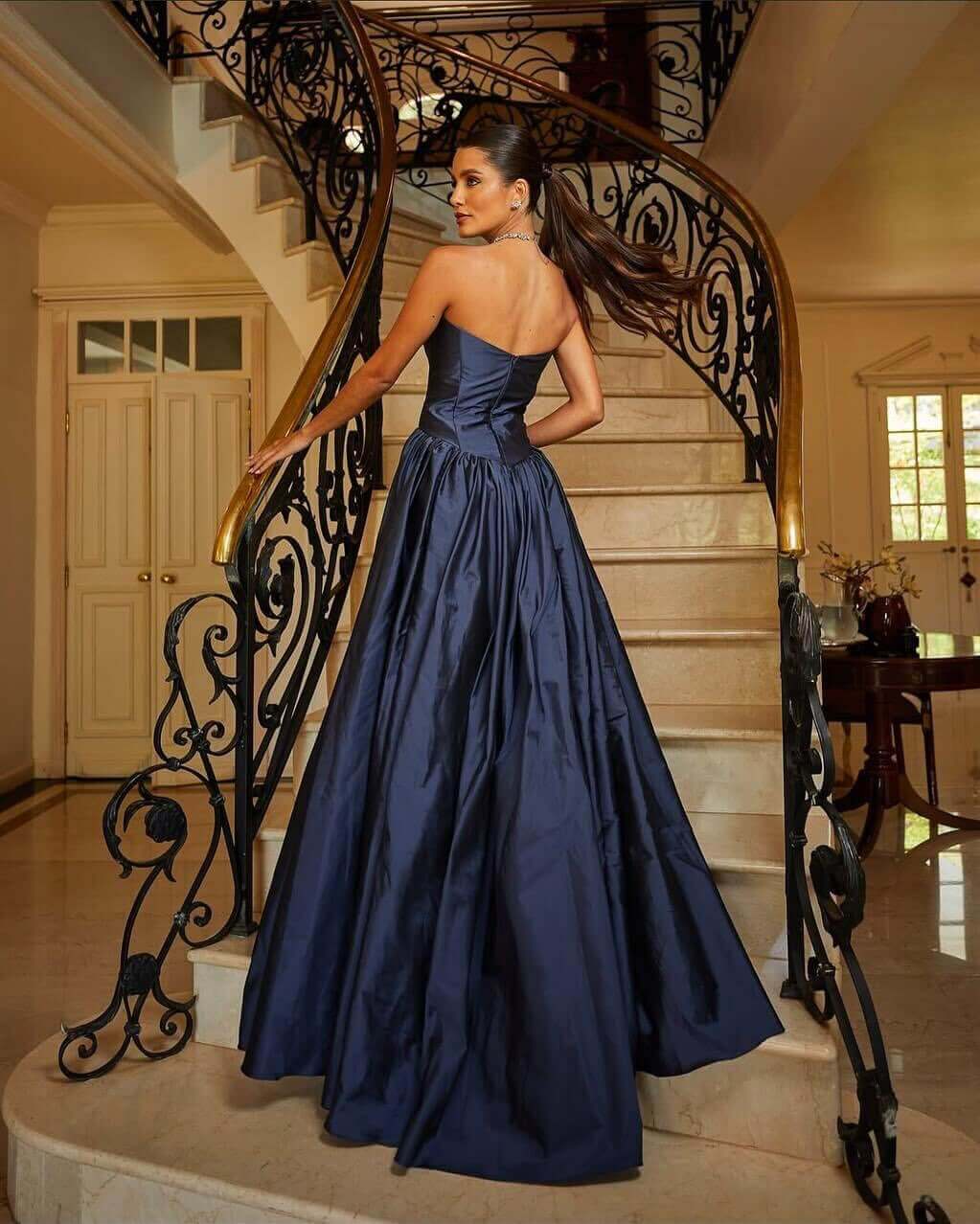Strapless Navy Blue Corset Evening Gown Satin Prom Dress Sleeveless