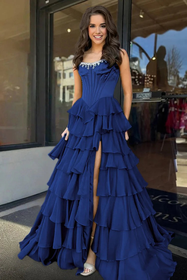 Strapless navy blue Ruffled Prom Dresses A Line Chiffon Beading