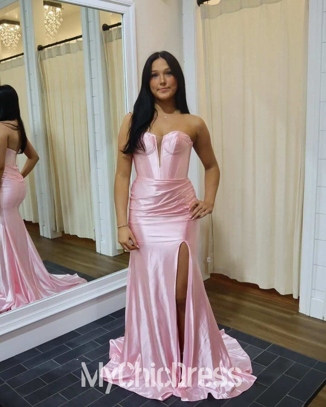Strapless Pink Evening Gown Satin Prom Dress Mermaid With Slit