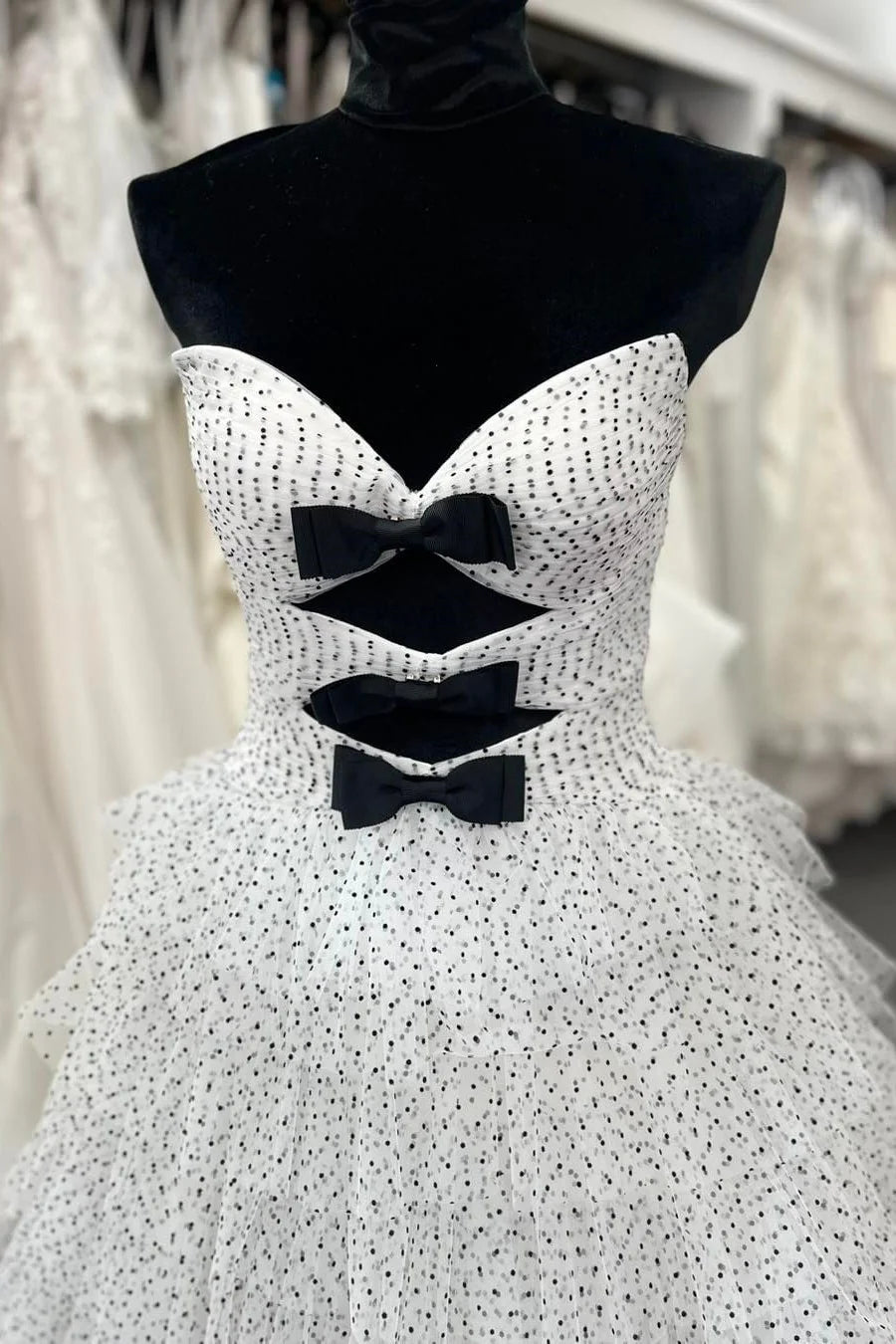 white Polka Dot Prom Dresses Ruffles Tulle with Keyholes