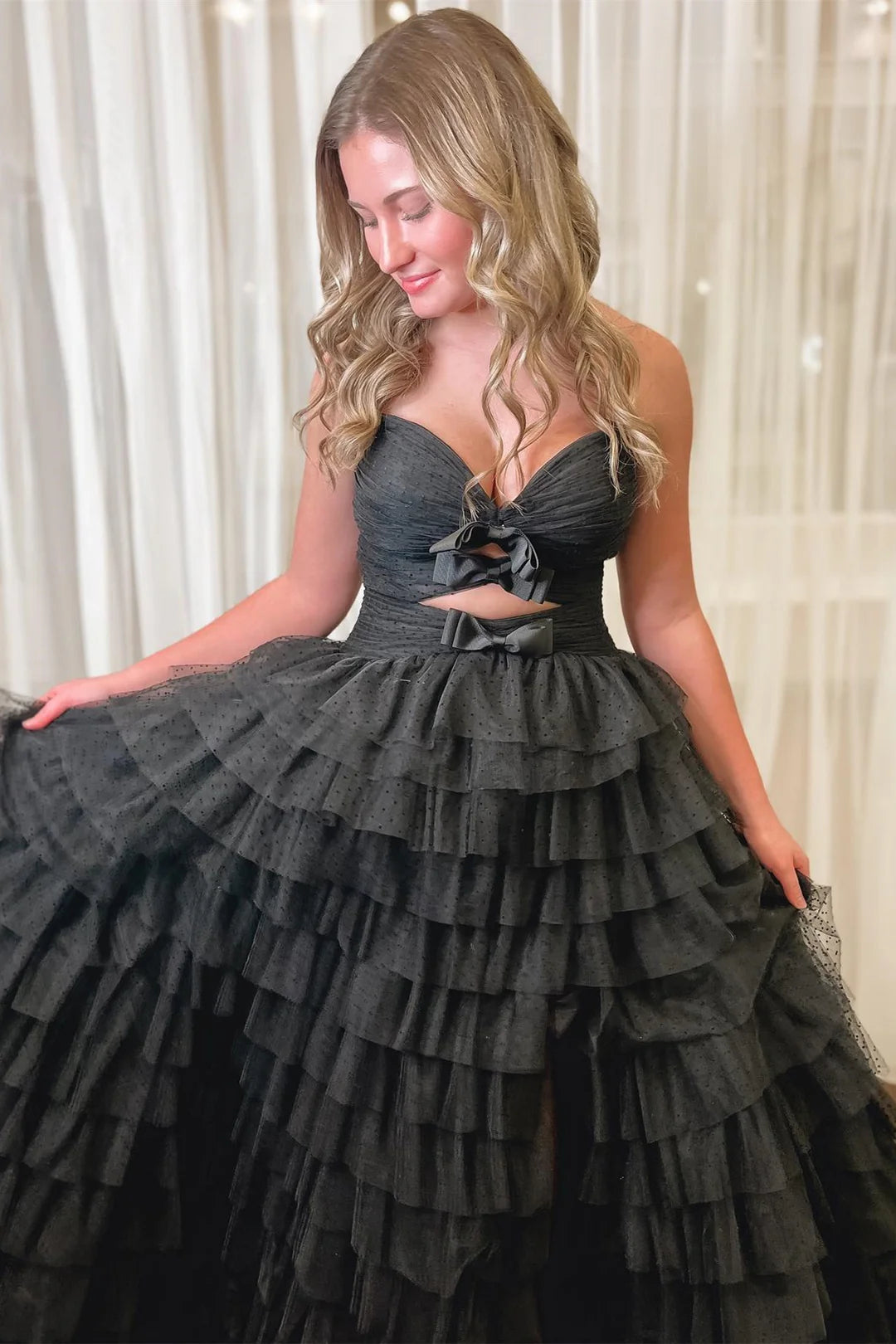 Strapless Polka Dot Prom Dresses Ruffles Tulle with Keyholes