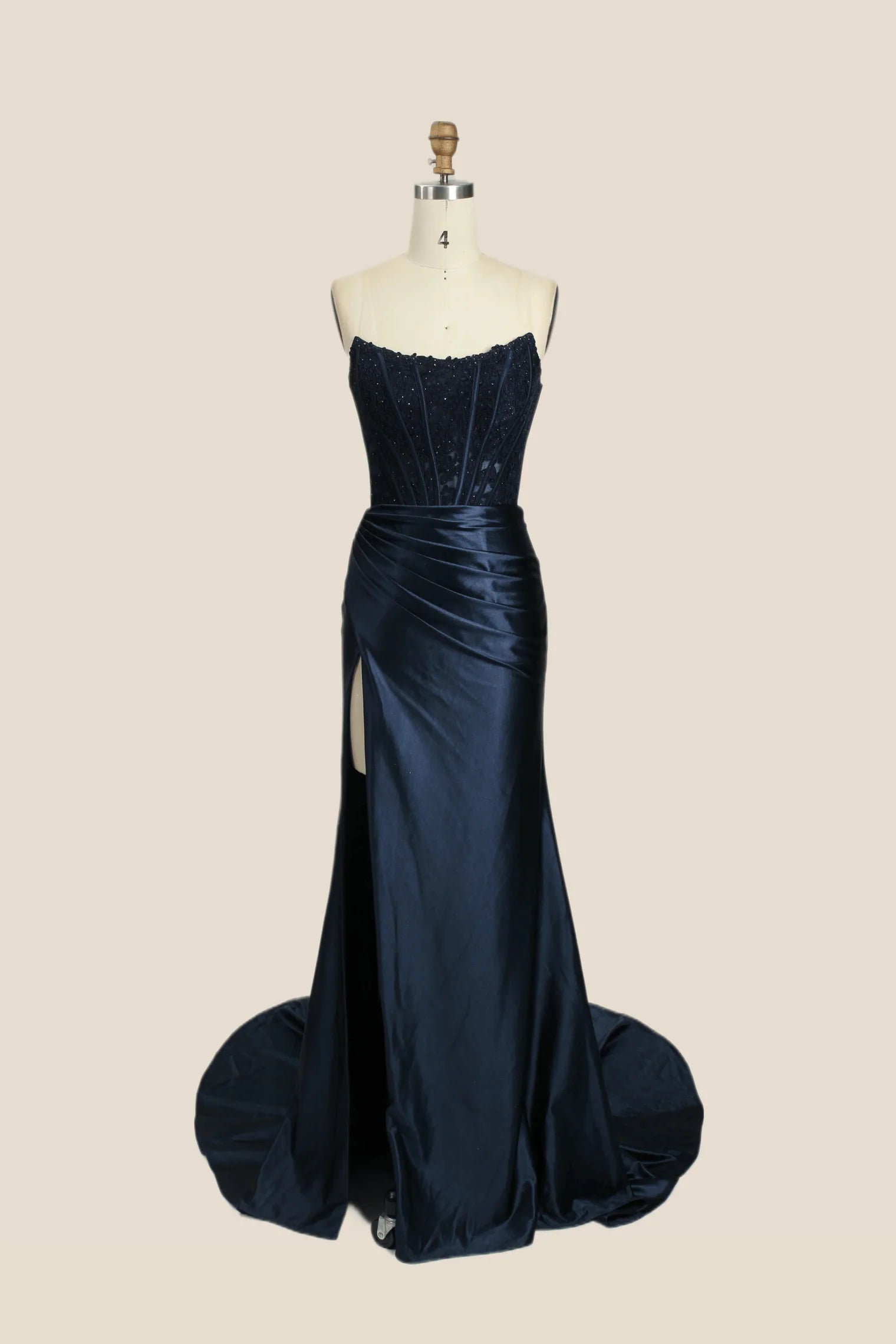 Mermaid Long Strapless Formal Dress 2025 Lace Satin Ruching with Slit