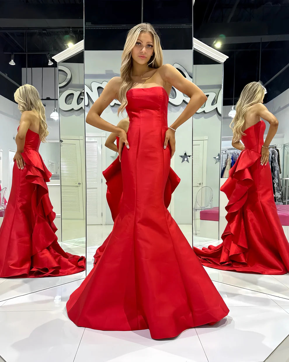 Strapless Red Satin Prom Dress UK Long Mermaid Formal Gown Mychicdress