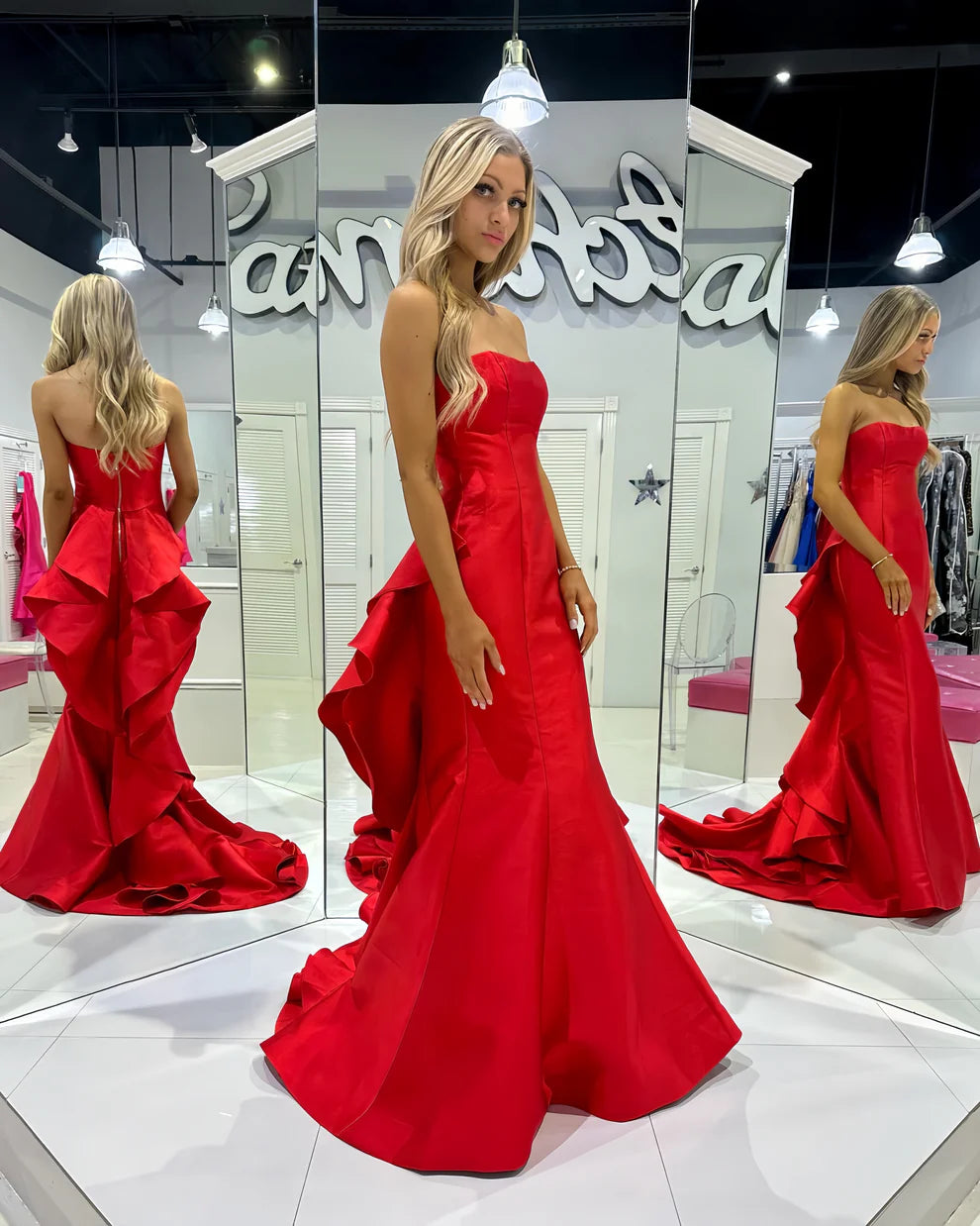 Strapless Red Satin Prom Dress UK Long Mermaid Formal Gown Mychicdress