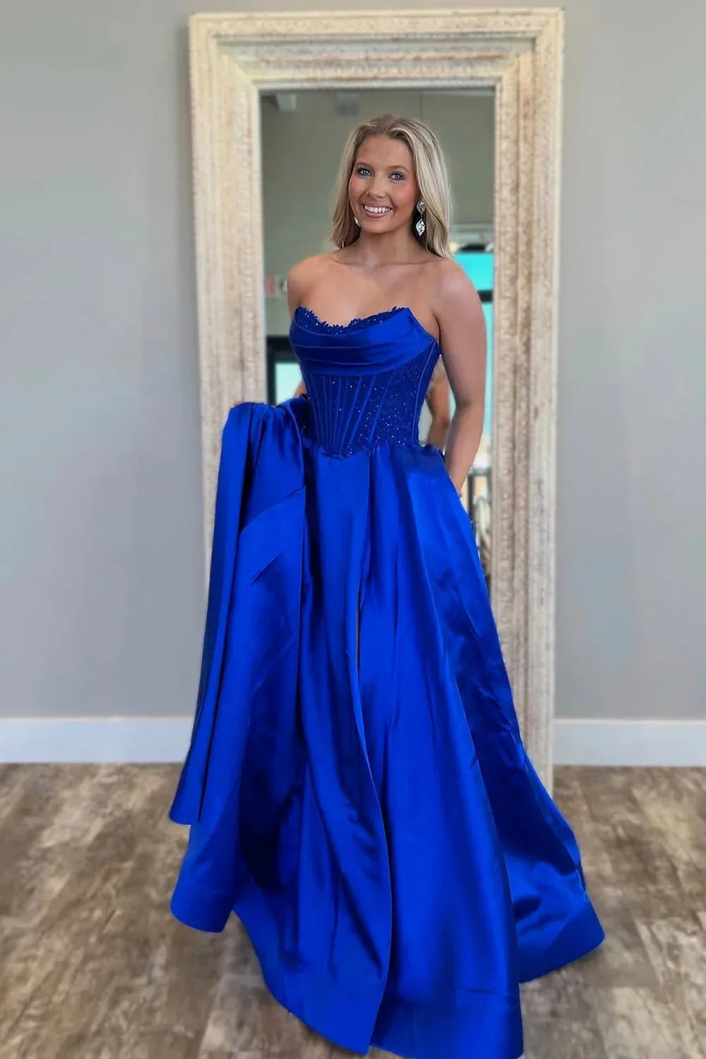 Strapless Royal Blue Prom Dresses Satin A-Line Long Evening Gown
