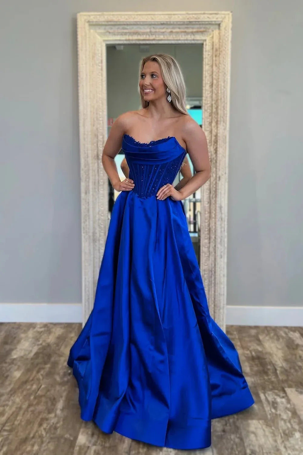 Strapless Royal Blue Prom Dresses Satin A-Line Long Evening Gown