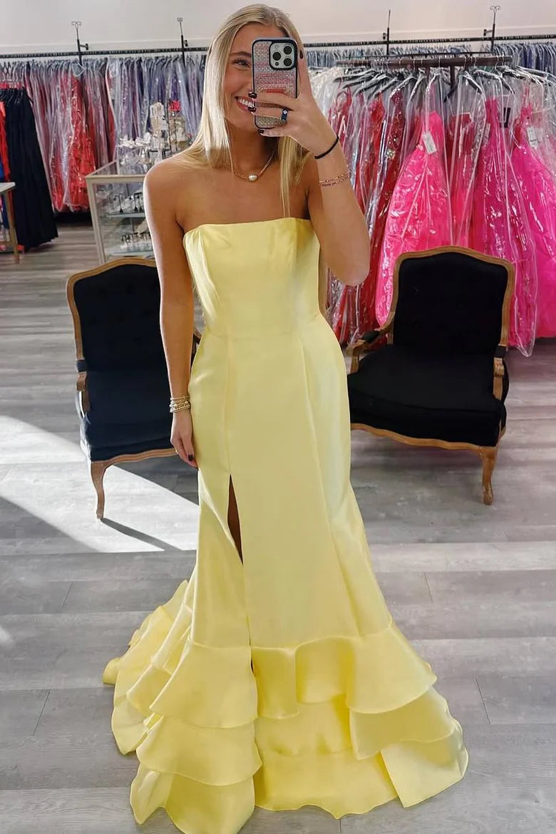 Pink Strapless Satin Mermaid Formal Dress Ruffles for Party