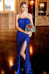 Strapless Sequins Royal Blue Prom Dress Mermaid Long Formal Gown Slit