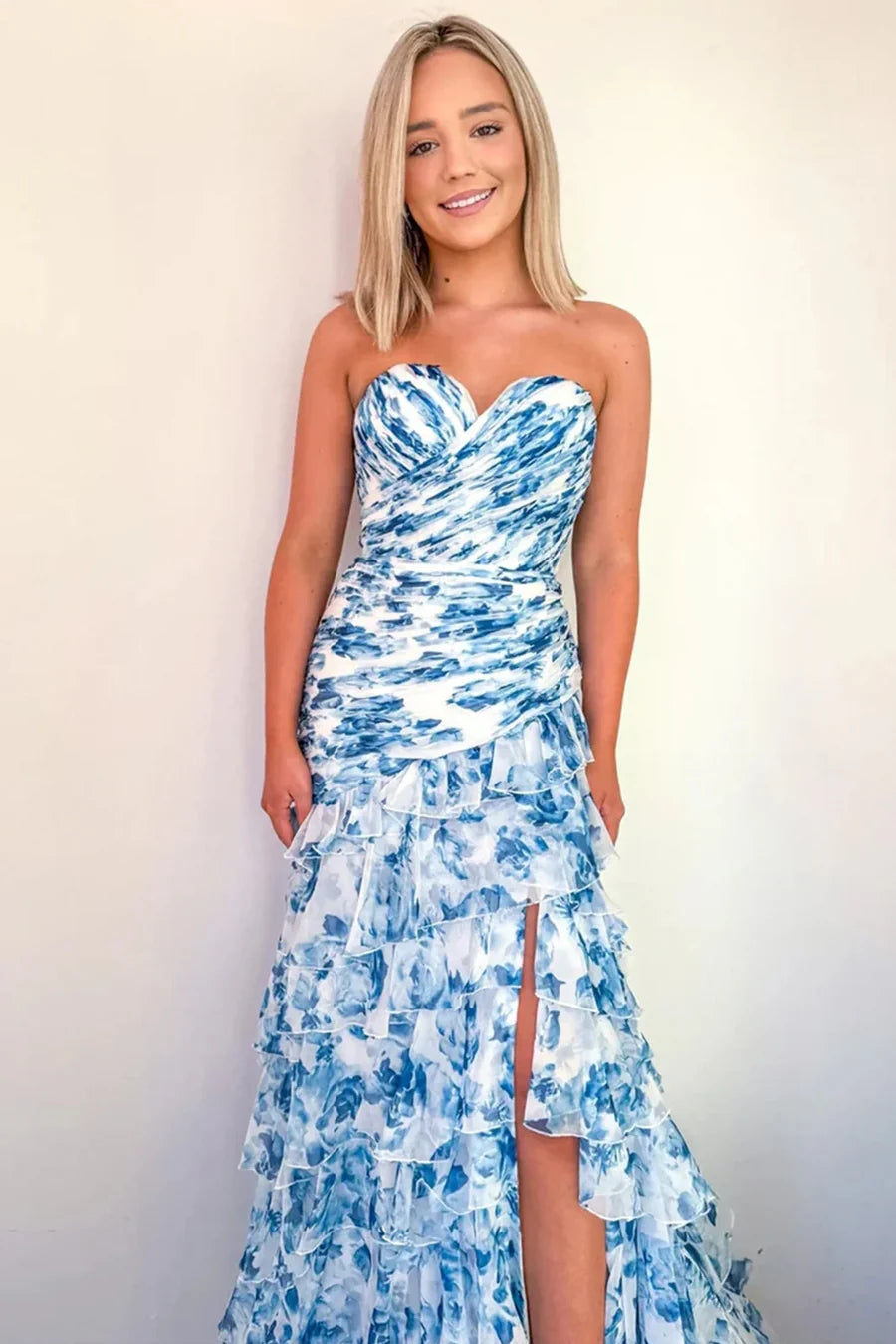 Strapless Tiered Printed Prom Dress blue Mermaid Chiffon Sweetheart Mychicdress