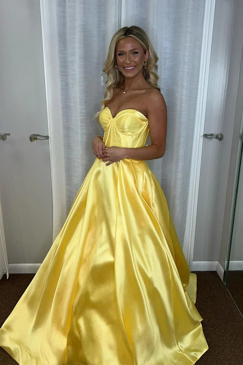 Strapless Yellow Ball Gown Satin Prom Dresses Corset Sweetheart