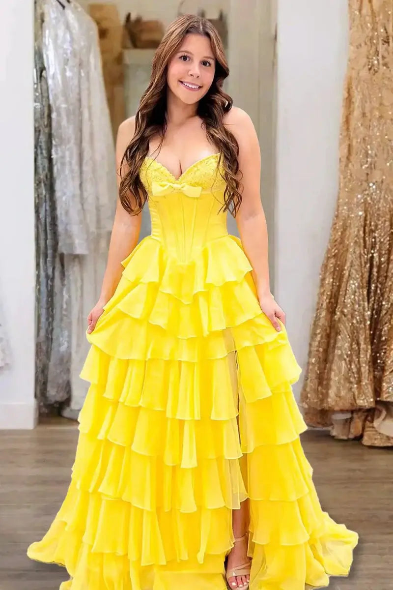 Strapless yellow Ruffled Prom Dresses Chiffon A Line With Bow