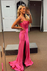 Straps 2025 Hot Pink Prom Dress Corset Long Fitted Formal Dress with Slit