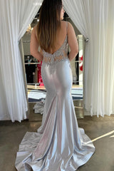 Straps Silver Long Senior Prom Dress Mermaid Backless