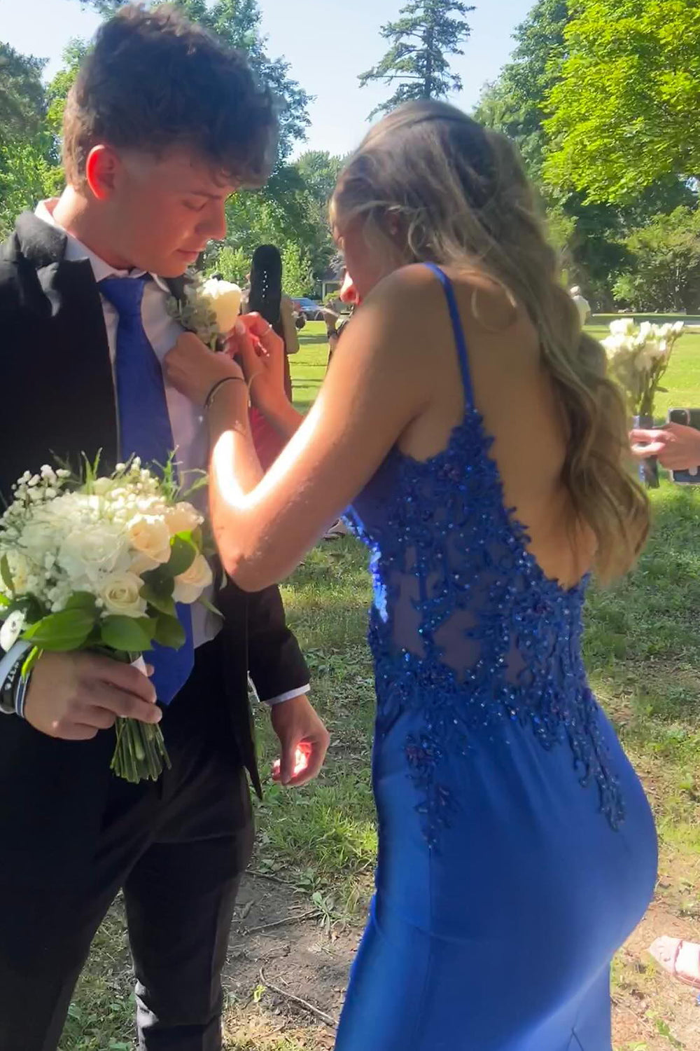 Straps Long Senior Prom Dress royal blue Mermaid Backless