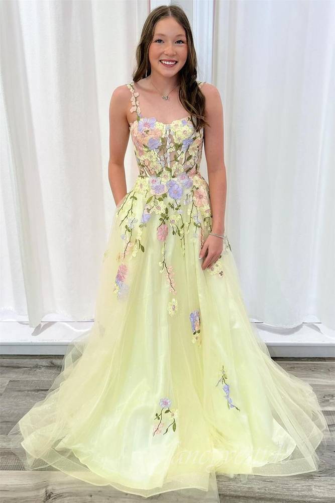Straps Yellow Embroidery Floral Prom Dress Applique Tulle