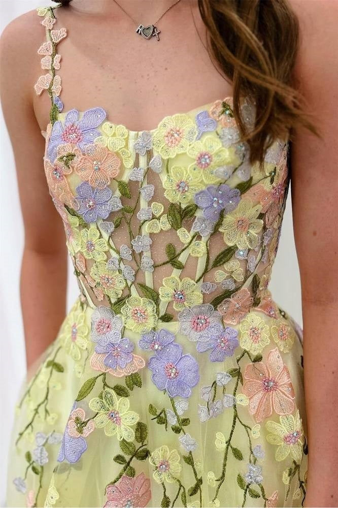 Straps Yellow Embroidery Floral Prom Dress Applique Tulle