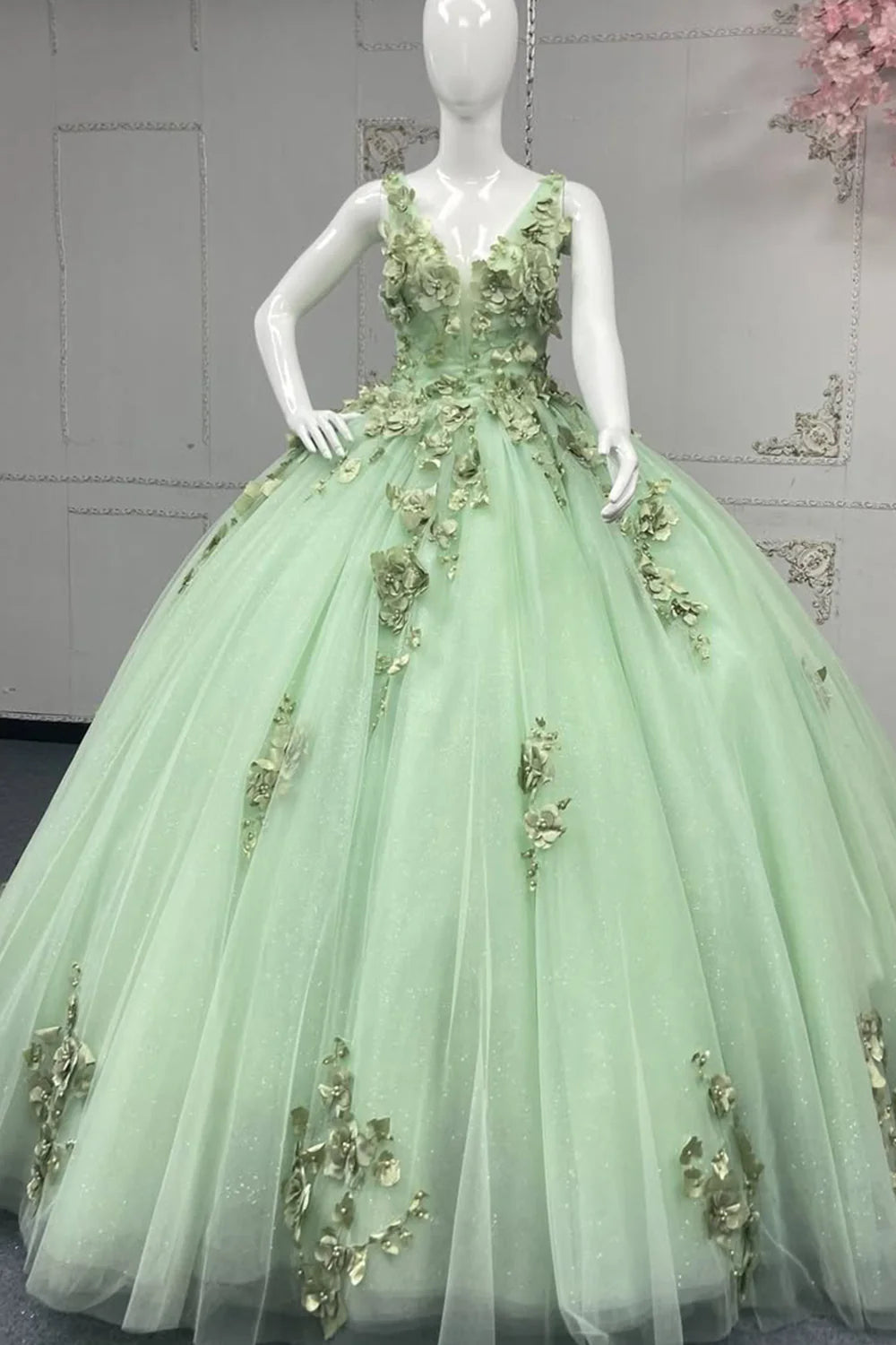 Sweet 16 Dress Strapless V Neck Quinceanera Dress Sage Green Appliques Mychicdress
