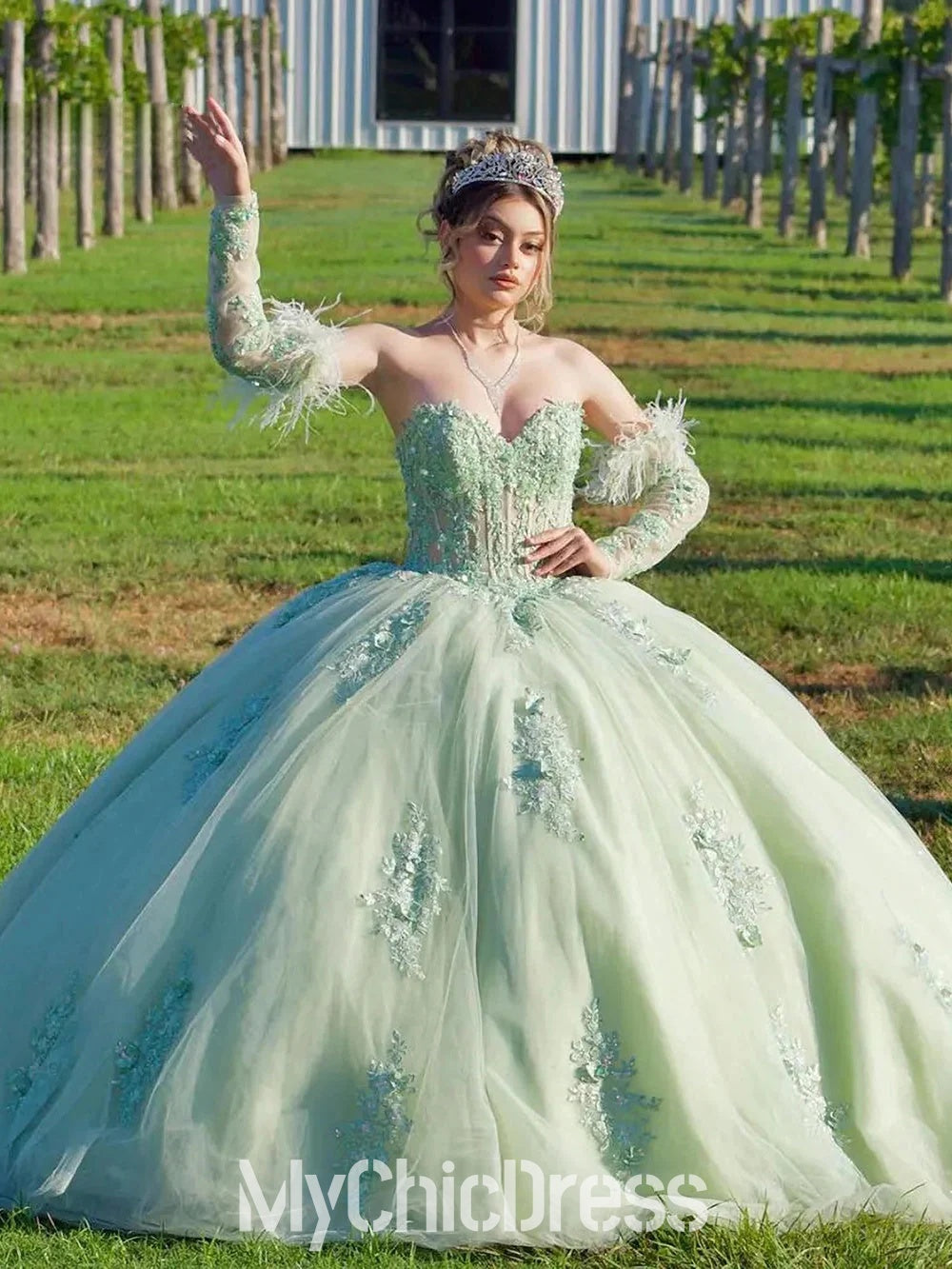 Sweet 16 Puffy Sage Green Quinceanera Dresses Lace with Feather Sleeves Mychicdress